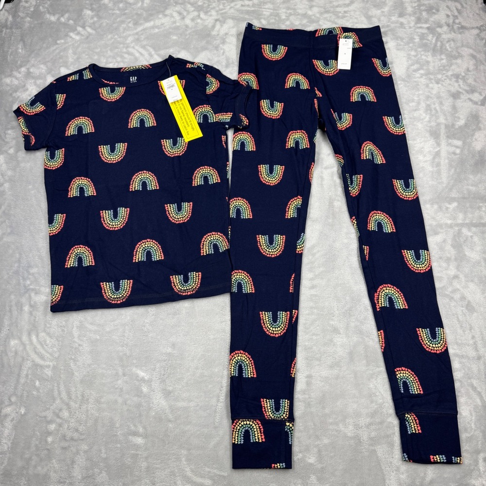 GAP KIDS Rainbow Heart Pajama Set Kids Size 14 Navy Blue Snug Fit Cotton NWT